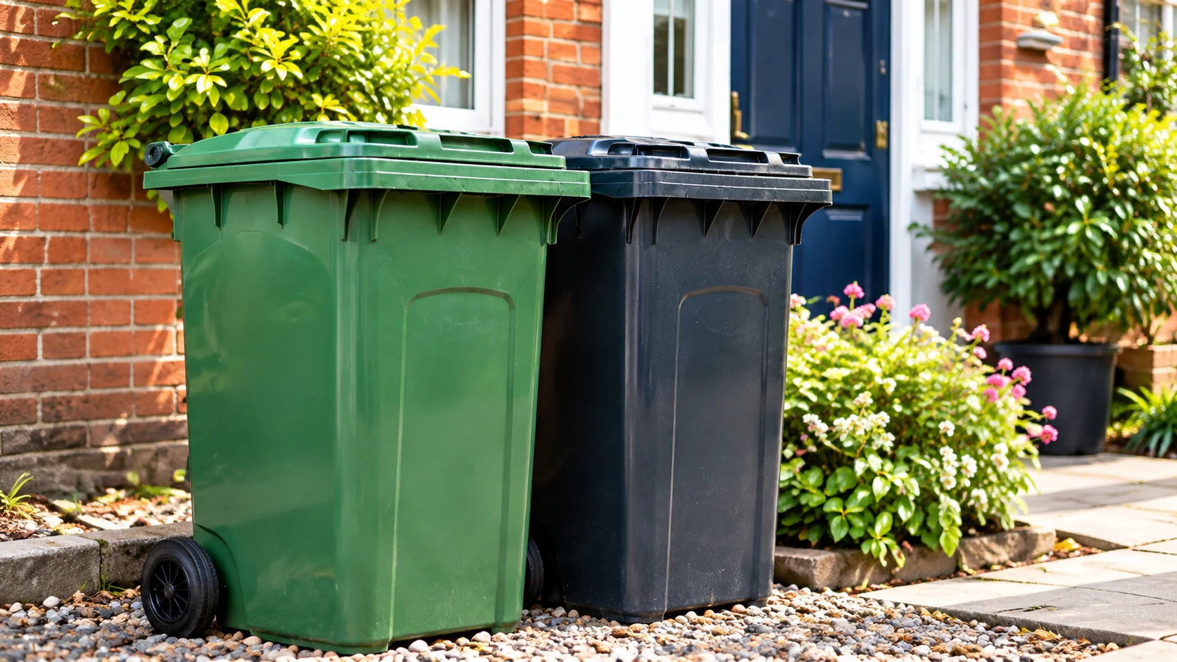 Green and black domestic wheelie bins