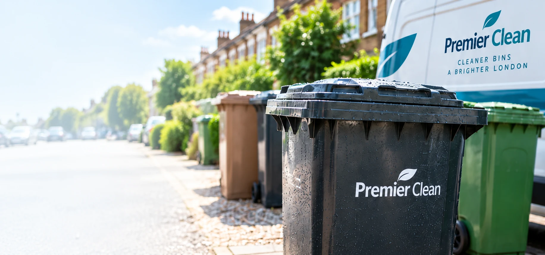 Wheelie bins and a Premier Clean van on a London street